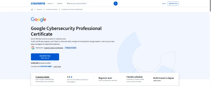 Google Cybersecurity Professional Certificate course page on Coursera