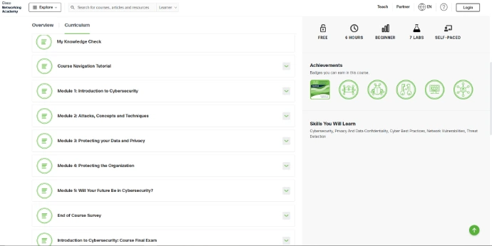 Cisco Networking Academy Introduction to Cybersecurity course curriculum