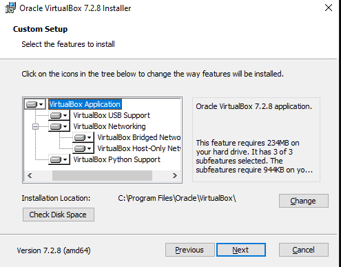 VirtualBox 7.2.8 custom setup installation features configuration