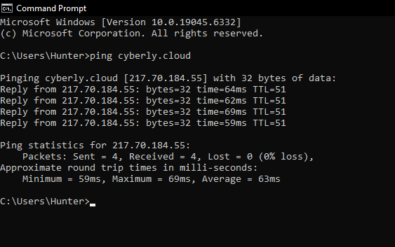 Cybersecurity roadmap beginner practical networking test using command line ping command to cyberly.cloud