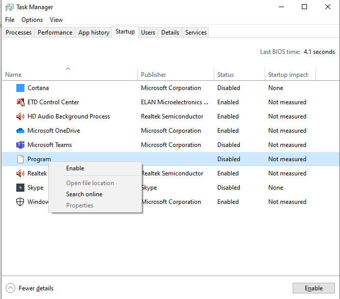 Windows Task Manager Startup Apps tab
