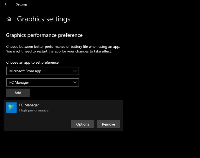 Windows Graphics performance preference set to high performance