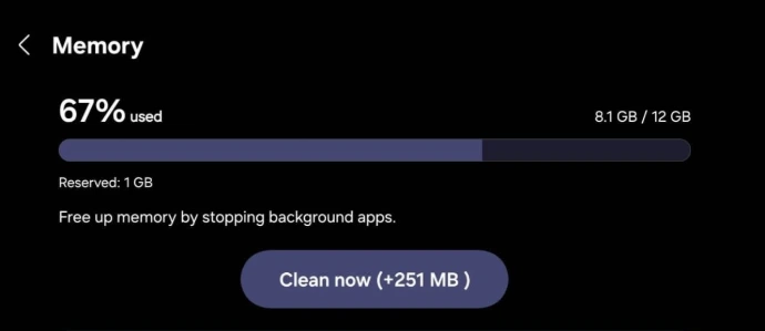 Samsung Device Care Memory cleaner screen