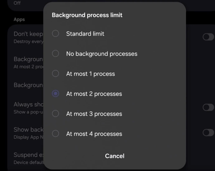 Android Developer Options background process limit menu
