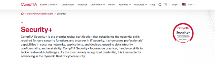 A detailed screenshot of the official CompTIA Security+ certification landing page, showcasing the skills learned in risk and threat management.
