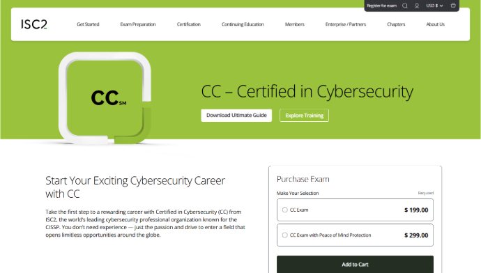 A screenshot of the official ISC2 Certified in Cybersecurity (CC) landing page, detailing the defense and risk management course outline.