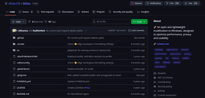AtlasOS open source code repository commits and star count on GitHub