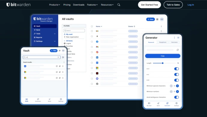 Bitwarden official website homepage showcasing modern cloud user interface and secure login options