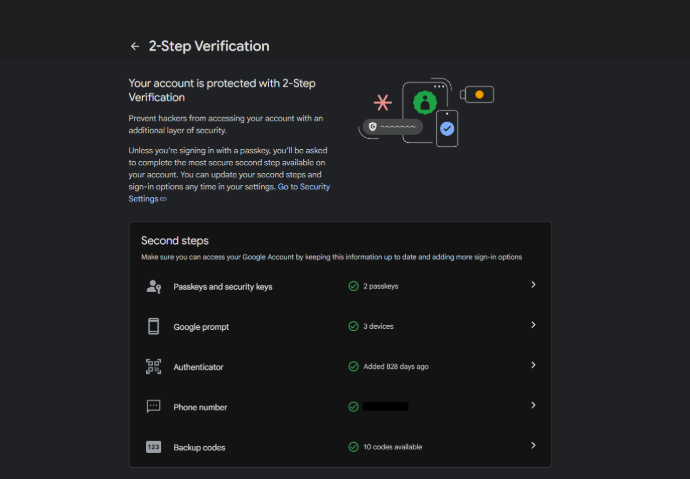 Google security settings dashboard showing account verification
