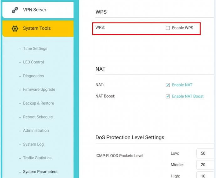 Home router admin panel showing network and security settings