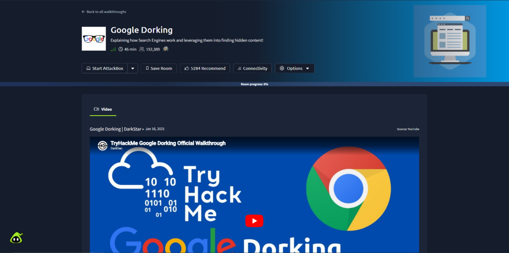 TryHackMe Google Dorking room main dashboard and advanced search operators