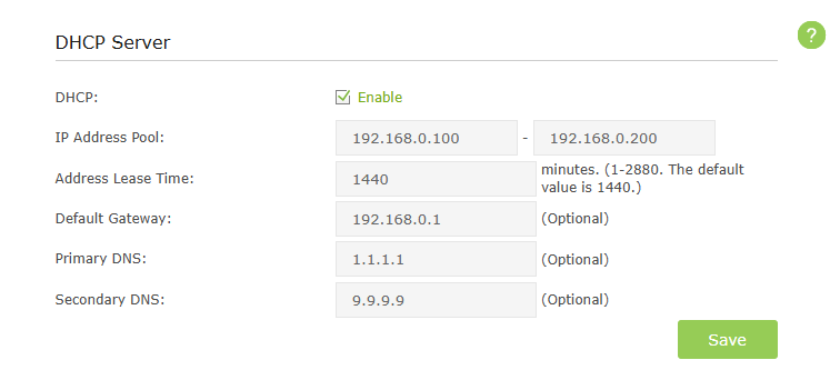 TP-Link DHCP server settings panel showing Primary DNS set to 1.1.1.1 and Secondary DNS set to 9.9.9.9