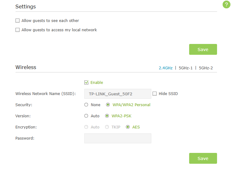TP-Link router guest network settings panel with device isolation enabled and WPA2 security