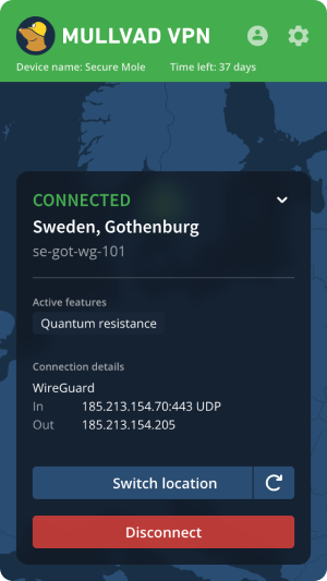 Mullvad VPN account setup screen displaying a anonymous generated 16-digit account number