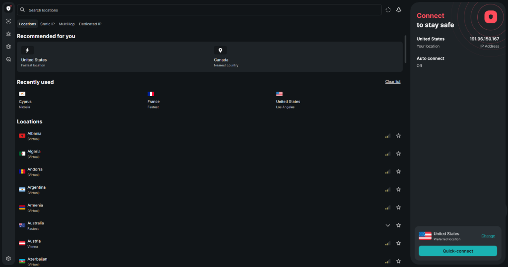 Surfshark dashboard showing configured MultiHop server chains and active Dynamic IP Rotator