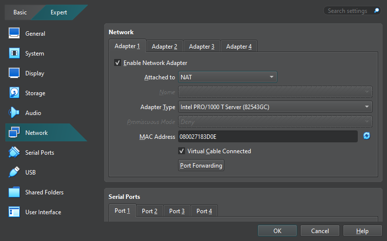 VirtualBox network settings interface showing NAT adapter configuration