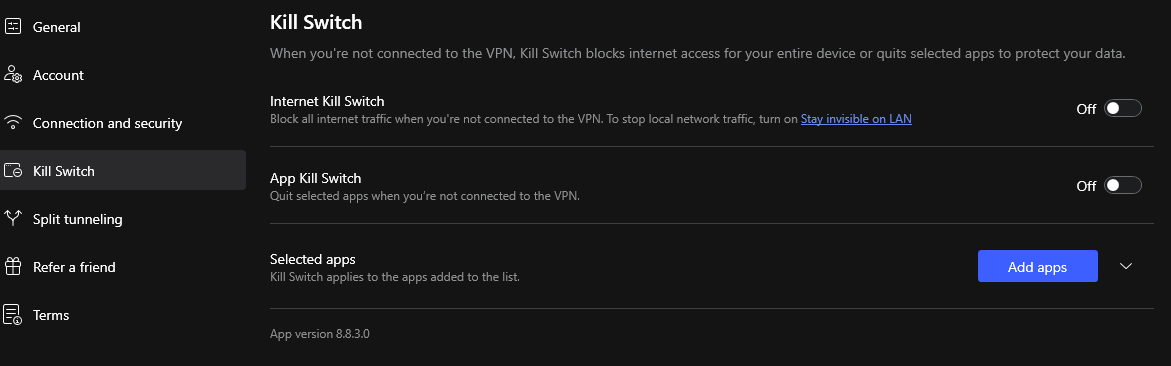 NordVPN app settings menu with System-wide Kill Switch enabled