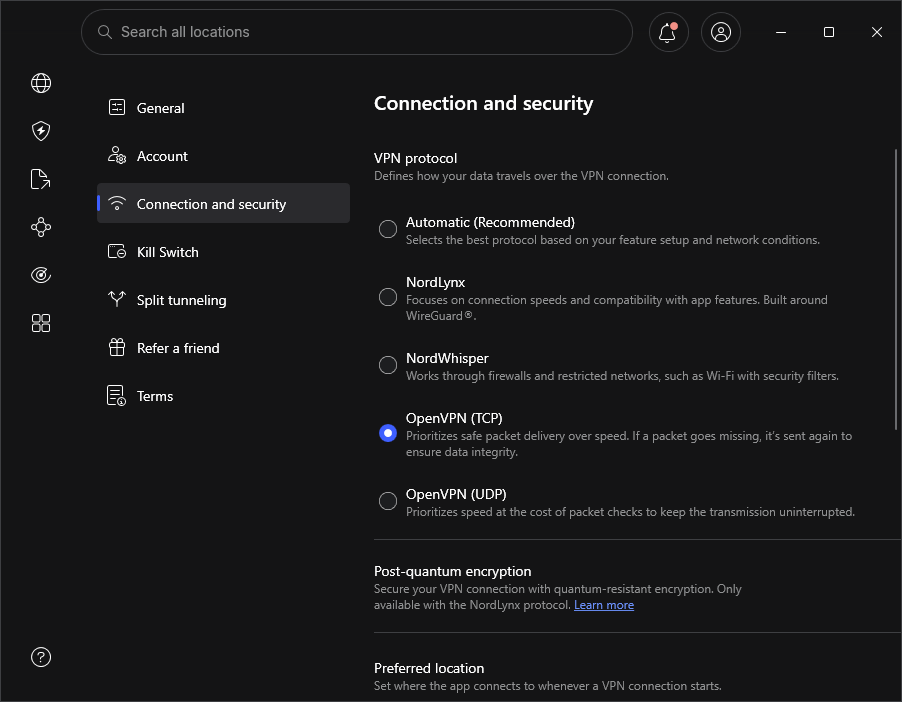 NordVPN application settings selecting OpenVPN TCP protocol with Obfuscated Servers enabled