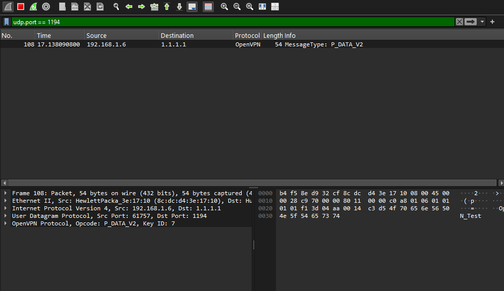 Wireshark packet capture showing unencrypted OpenVPN handshake header on UDP port 1194