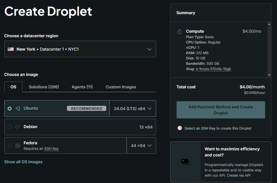 DigitalOcean control panel selecting Ubuntu 24.04 LTS Droplet configuration